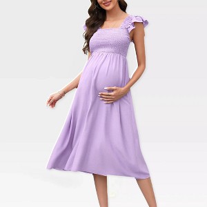 Maternity Dress Shirred Flutter Cap Sleeve Dress Square Neck Ruffle Cap Sleeve Midi Maternity Dress for Baby Shower Photography - 1 of 4