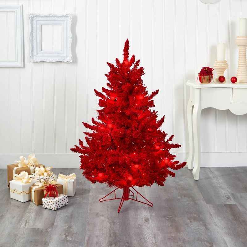 4ft Nearly Natural Pre-Lit Red Flocked Fraser Fir Artificial Christmas Tree Red Lights, 6 of 7