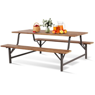 Tangkula 71" Patio Picnic Table Bench Set Outdoor Camping Table Set w/ Acacia Wood Tabletop & Seat 2" Umbrella Hole