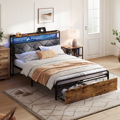 Bed Frame, Upholstered Platform Frame with Storage Headboard, LED and Charging Station