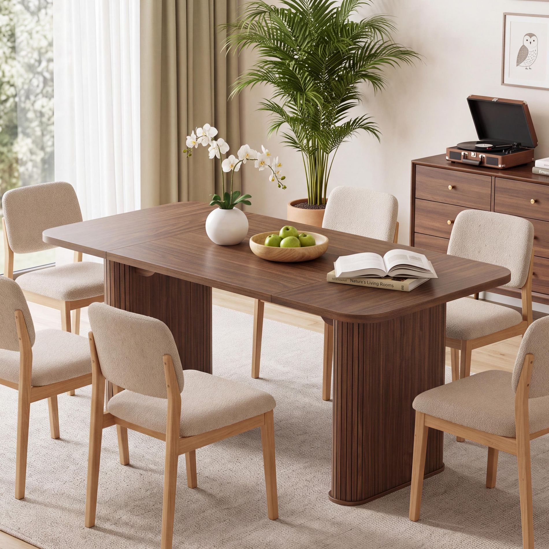 62" Long Dining Table for 4-6, Farmhouse Kitchen Table with Heavy Duty Fluted Base, Extra-Thickened Tabletop, for Conference Room, Dining, Brown