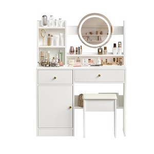 TiramisuBest White Fashion Vanity Table, Mirror with Adjustable 3-Color Lights and Cushioned Chair Set - 1 of 4