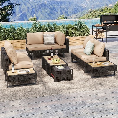 KTMBDW 6-Pers Diamond Weave Patio Sectional Furniture Set with Extendable Coffee Table, Ice Bucket,Collapsible Seat,Conversation Set  for Garden Porch