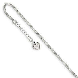 Black Bow Jewelry Sterling Silver Polished Heart Adjustable Figaro Chain Anklet, 9 Inch - 1 of 4