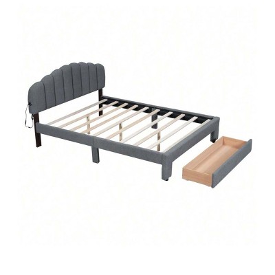 grey- Queen Size Bed With Storage Drawers Headboard USB Ports Easy Assembly Teddy Fleece Platform Queen Bed Frames Upholstered Platform Bed Frame No
