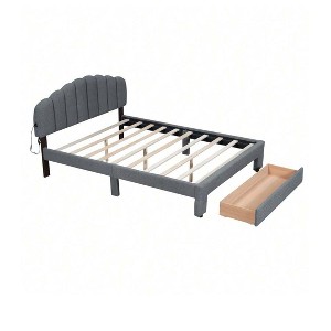 grey- Queen Size Bed With Storage Drawers Headboard USB Ports Easy Assembly Teddy Fleece Platform Queen Bed Frames Upholstered Platform Bed Frame No - 1 of 4