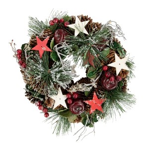 Northlight 10" Unlit Stars, Berries and Pine Cones Pine Christmas Wreath - 1 of 3