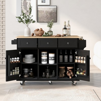 Rolling Kitchen Island Cart, with Wood Desktop, Cabinet and Drawers, Spice Rack, Towel Rack, Wine Rack, for Kitchen, Dining