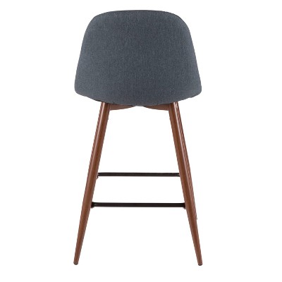 Set of 2 Blue Fabric and Walnut Wood Mid-Century Modern Bar Stools