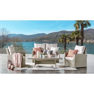 Canaan 4pc All Weather Wicker Outdoor Seating Set Cream - Alaterre Furniture: Rust-Proof Aluminum Frame, Tempered Glass Table - 1 of 4