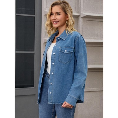 INSPIRE CHIC Women's Jean Long Sleeve Button Down Lightweight Denim Western Shacket with Pockets Blue XX-Large — фото 2
