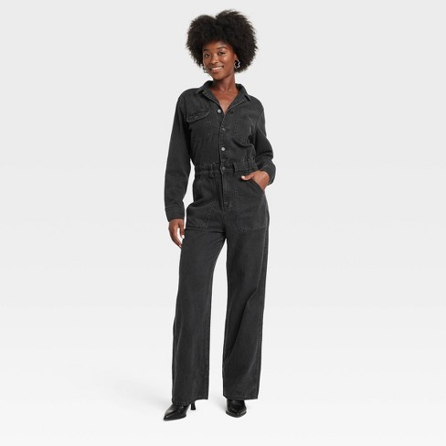 Women s Long Sleeve Utility Baggy Denim Jumpsuit Universal Thread Black 4 Target