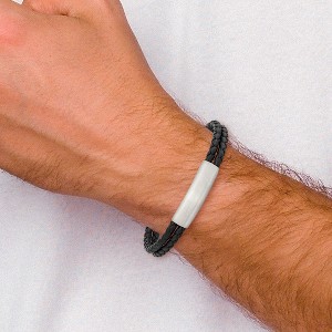 Chisel Stainless Steel Brushed Braided Black Leather Multi Strand 8" Plus .5" Extenstion Bracelet - 1 of 4