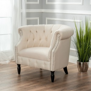 Upholstered Club Chair with Nailhead Trim, Rolled Recessed Armrests, and Turned Birch Wood Legs - 1 of 4
