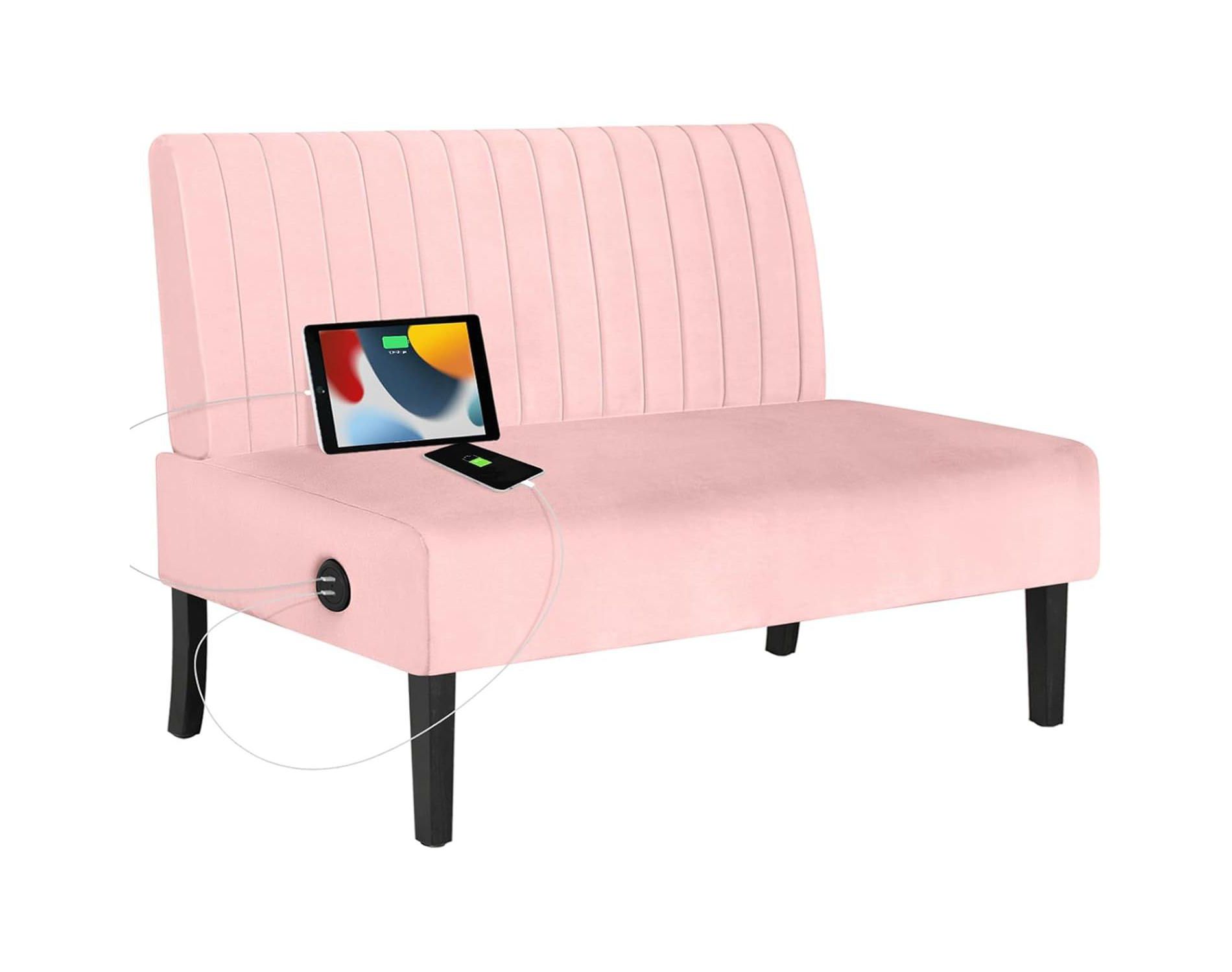 Mini Armless Loveseat Sofa with USB, Velvet Couch for Small Spaces, Bedroom, Dorm, Office, Living Room – Pink