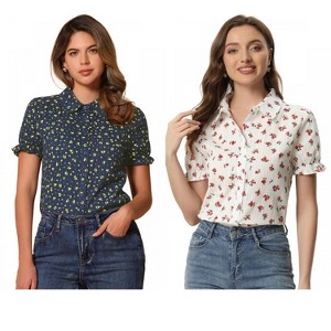 INSPIRE CHIC Women's Peter Pan Frilled Short Sleeve Floral Cotton Top 2 Packs - 1 of 4