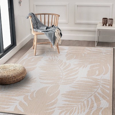 Tropical Floral Leaves 8' x 10' Flat Weave Washable Area Rug - Natural