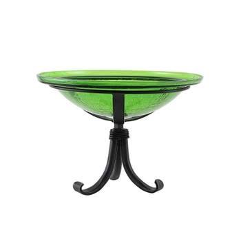 12.75" Reflective Crackle Glass Birdbath Bowl with Tripod Stand Fern Green - Achla Designs