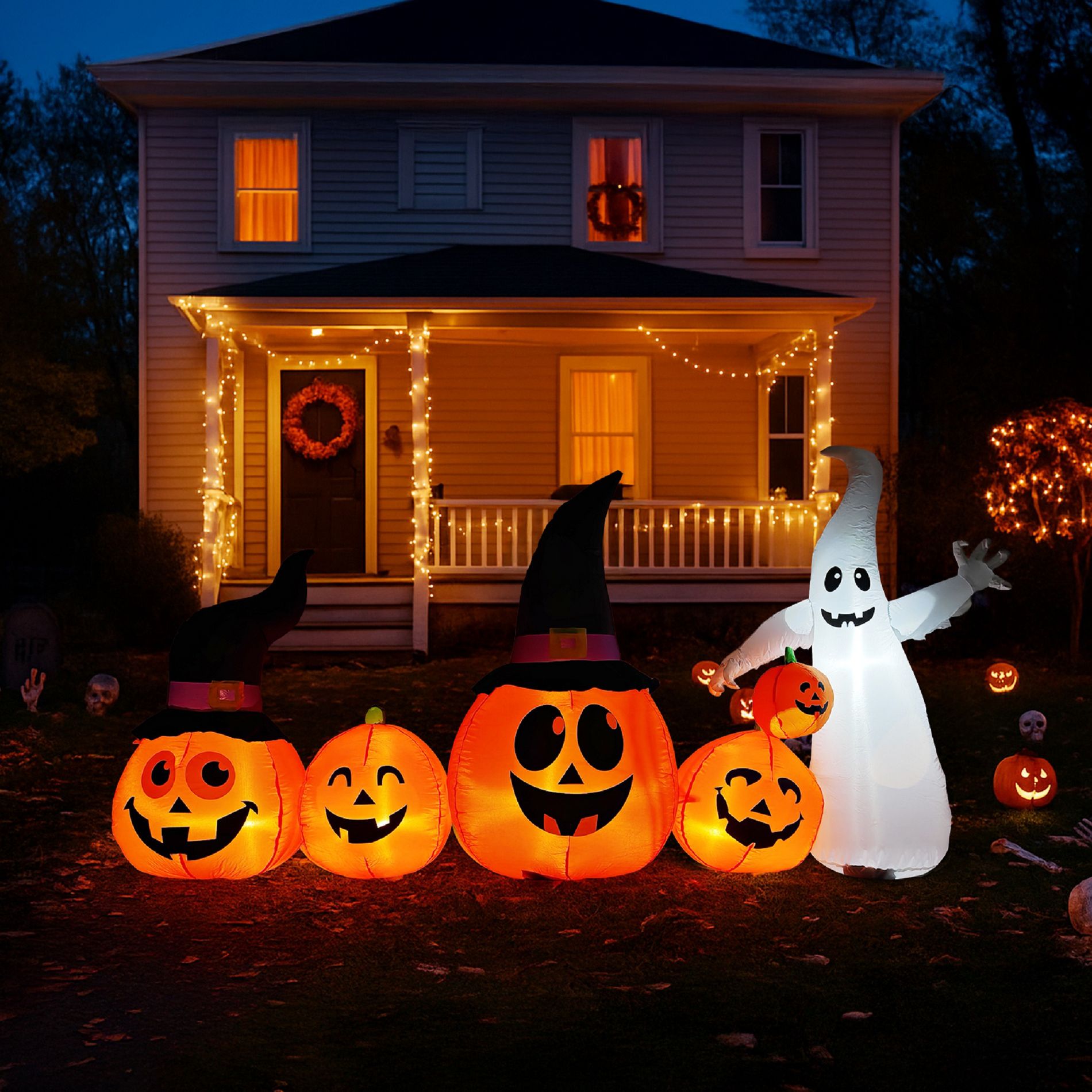 8FT Inflatable Pumpkin Ghost Halloween Decorations Outdoor, Yard Halloween Decor with Built-in Fan, Weather-Resistant & Easy Storage
