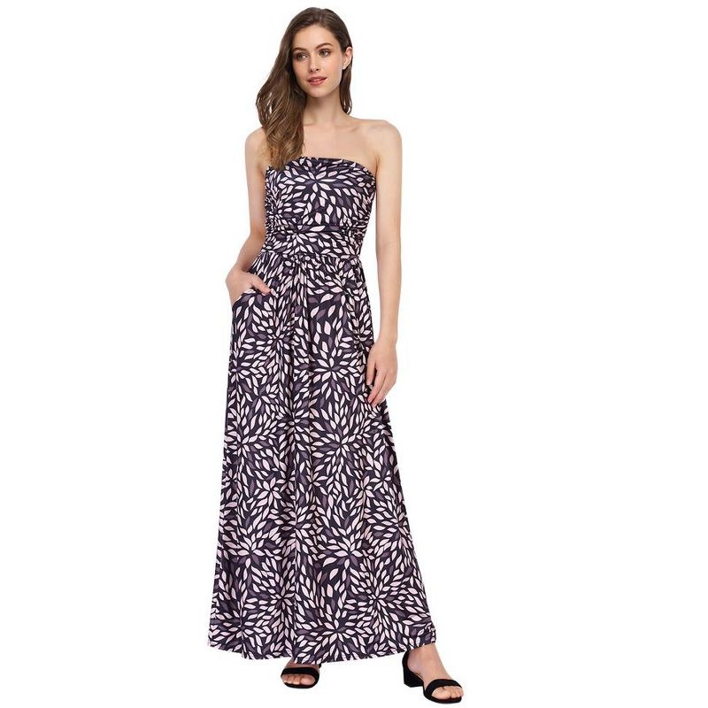 Women Strapless Floral Print Bohemian Boho Maxi Dress Casual Off Shoulder Beach Party Dress with Pockets, 1 of 6
