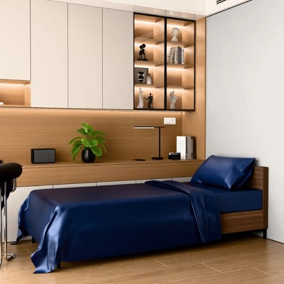Dsvimoy Bedding Set 3 Piece Silky Satin Sheets with Deep Pocket for Bedroom, Blue, 12"*10"*3"