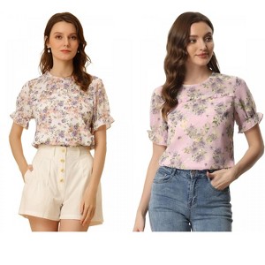INSPIRE CHIC Women's Chiffon Short Sleeve Ruffled Trim Floral Blouse 2 Packs - 1 of 4