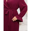 Women Plus Size Dress V Neck Ruffle Long Sleeve Long Dress Casual Summer Pleate Dress with Waistband, Wine Red, 3XL - 4 of 4