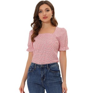 Allegra K Women's Summer Square Neck Plaid Short Sleeve Blouse Tops - 1 of 4