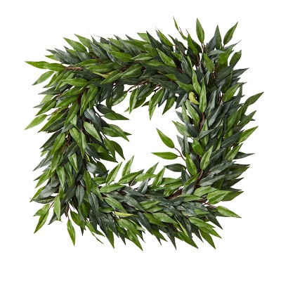 Nature Spring 22" Indoor Square Artificial Ficus Microphylla Leaf Wreath with Lifelike Faux Greenery