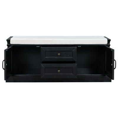 XINGHANZHENXUAN Entryway Storage Bench with 2 Drawers & 2 Cabinets, Shoe Bench with Removable Cushion