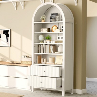 MOEPISY 71inch Tall Arched Cabinet - Arched Bookcase/Bookshelf with 2 Drawers & Adjustable Shelves