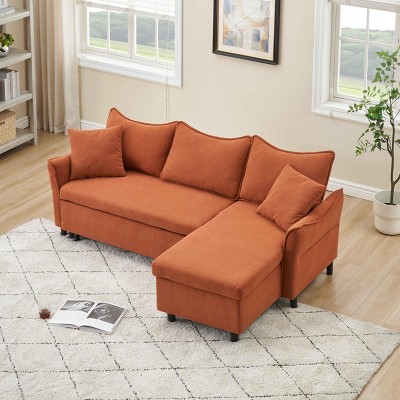 VYNXARIA 80-inch corduroy L-shaped sofa comes with two small throw pillows that can be converted into a sofa bed for storage