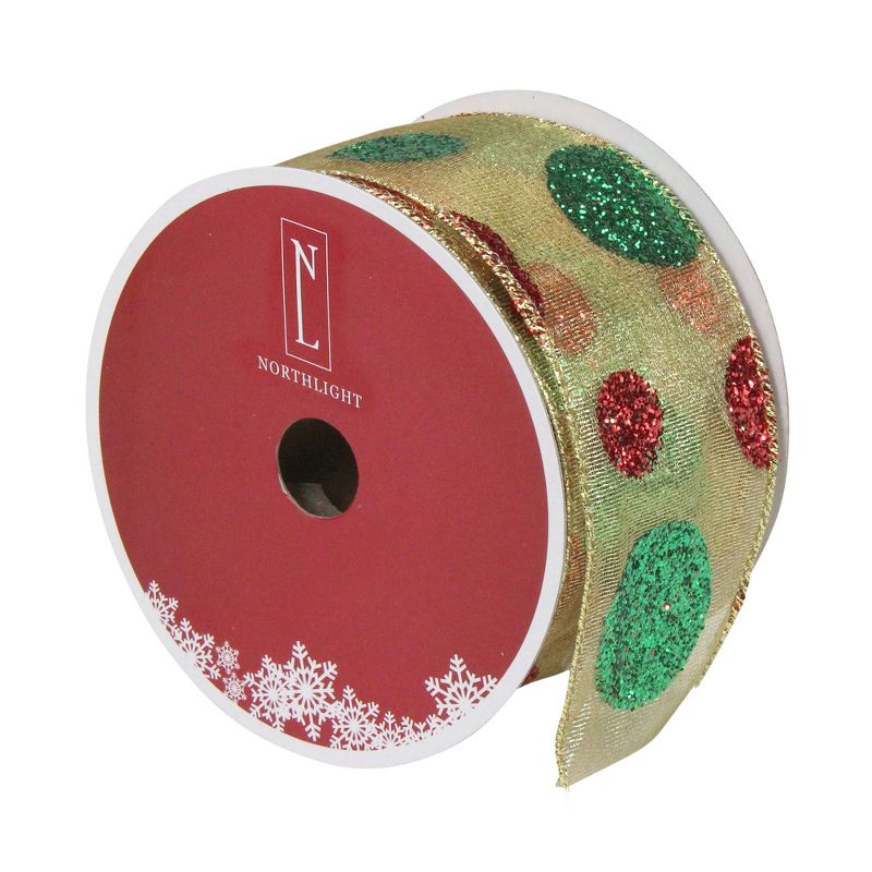 Northlight Glitter Red and Green Polka Dotted Christmas Craft Ribbon 2.5" x 16 Yards, 3 of 4