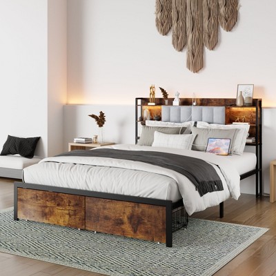 NicBex Queen/King Size Bed Frame with Storage Headboard,2 Drawers and Power Outlet for Adults/Boys/Girls