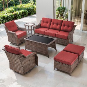 POCASSY 6" Thick Cushion Patio Furniture Set, Brown Wicker Outdoor Conversation Set with Swivel Chairs Tempered Glass Top Coffee Table and Ottoman - 1 of 4