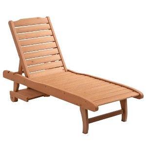 Chaise Lounge Chair Outdoor Wooden Pool Lounge Chair with 3-level Adjustable Backrest, Built-In Table and Rolling Wheels - 1 of 4