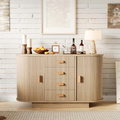 Fluted Sideboard Buffet Cabinet, 47 In Coffee Bar Storage Console Cabinet with Arched Sliding Doors 4 Drawers for Living Dining Room,Natural