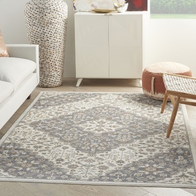 Ivory Grey Floral Synthetic 8' x 10' Area Rug