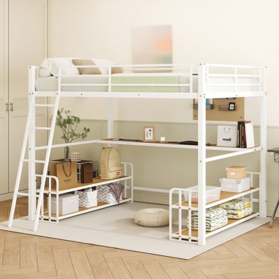 NicBex Twin Size Loft Bed with Desk Metal Bed Frame with 2 2-Layer Storage Shelves, Ladder and Full Length Guardrail, No Box Spring Required