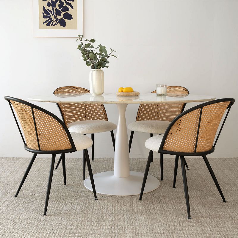 Modern Oval Dining Table Set For 4,Artificial Top Oval Dining Table with 59" and 4 White Bouclé Fabric Mesh Rattan Backrest Chair-Maison Boucle, 2 of 8