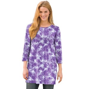 Woman Within Plus Size Perfect Printed Three-Quarter-Sleeve Scoopneck Tunic - 1 of 4