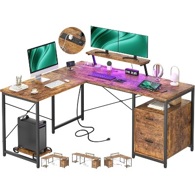 Aheaplus L-Shaped Desk with File Drawer, Reversible Computer Desk with Power Outlet and LED Strip, Corner Writing Desk with Monitor Stand