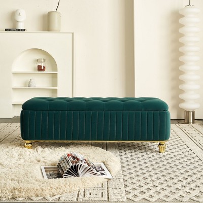 Square Storage Ottoman Bench,Upholstered Velvet Fabric Ottoman Stool Seat With Safety Hinge,Gold Decoration Strip,Ottoman Stool Seat-Cuddlewood