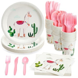 Blue Panda 144 Pieces Llama Birthday Party Supplies with Paper Plates, Napkins, Cups, and Cutlery, Cactus Baby Shower Decorations for Girl, Serves 24 - 1 of 4