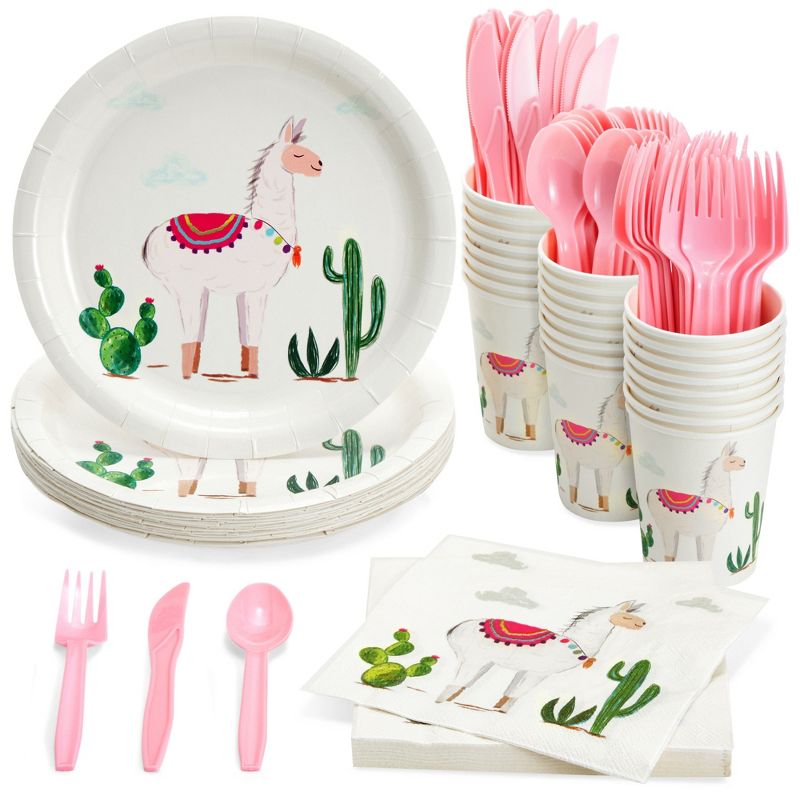 Blue Panda 144 Pieces Llama Birthday Party Supplies with Paper Plates, Napkins, Cups, and Cutlery, Cactus Baby Shower Decorations for Girl, Serves 24, 1 of 8