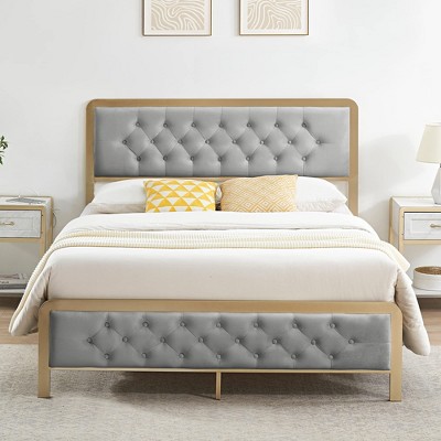 coucheta Golden Full-Size Upholstered Platform Bed with Velvet Button-Tufted Headboard, Heavy-Duty Metal Foundation, No Box Spring Needed, Grey