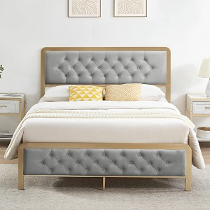 coucheta Golden Full-Size Upholstered Platform Bed with Velvet Button-Tufted Headboard, Heavy-Duty Metal Foundation, No Box Spring Needed, Grey - 1 of 4