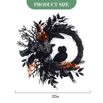 Halloween Owl Wreath, 20 Inch Halloween Door Wreath with Lights, Halloween Wreath with Natural Vines and Black Artificial Roses for Porch Walls