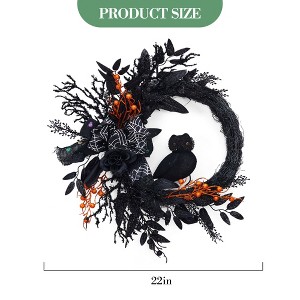 Halloween Owl Wreath, 20 Inch Halloween Door Wreath with Lights, Halloween Wreath with Natural Vines and Black Artificial Roses for Porch Walls - 1 of 4