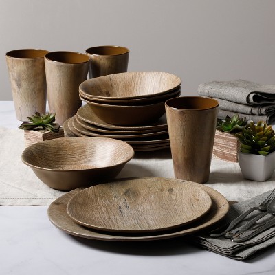 Woodgrain Brown Melamine Round Dinnerware Set, Service for 4